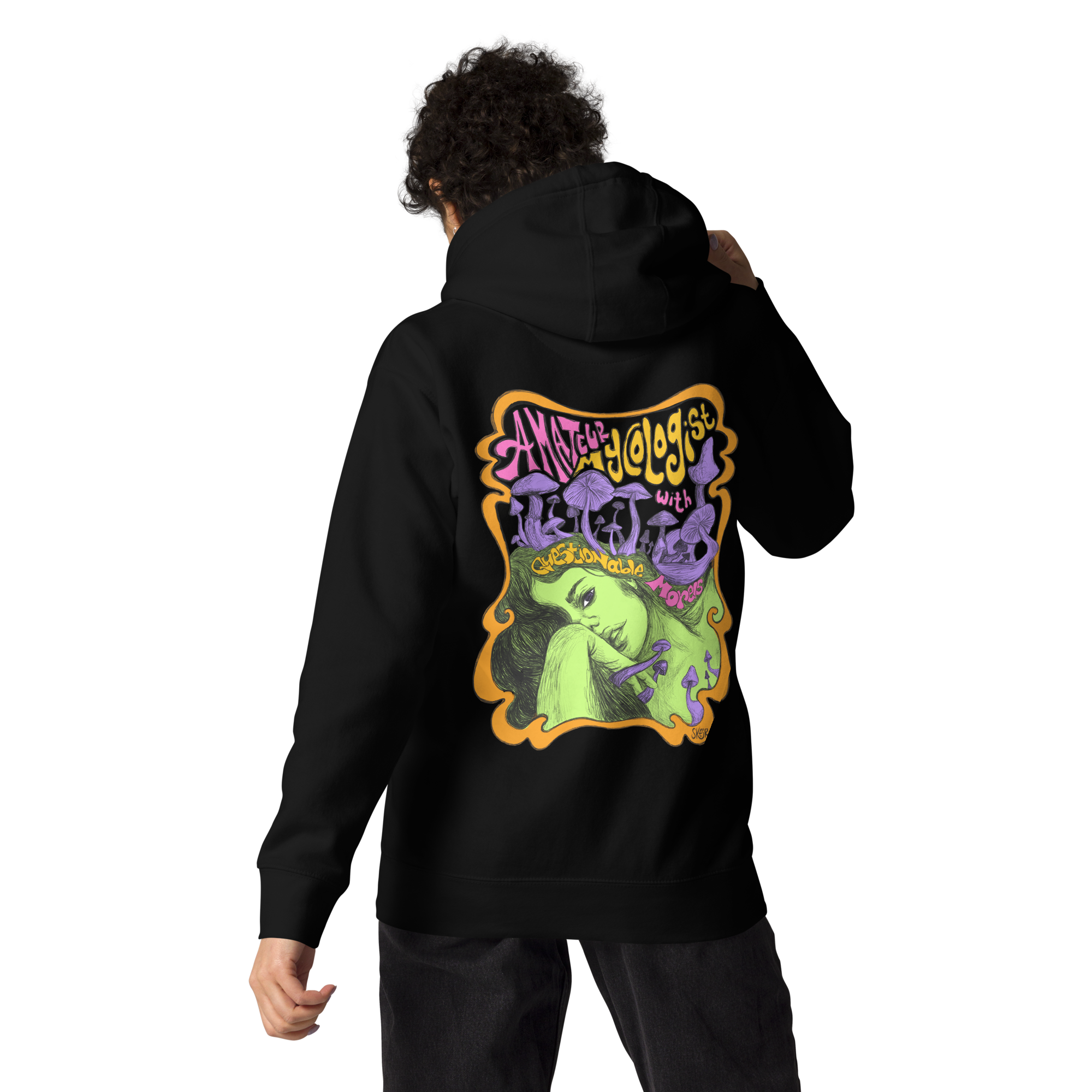 Model wearing Amateur Mycologist with Questionable Morels black hoodie