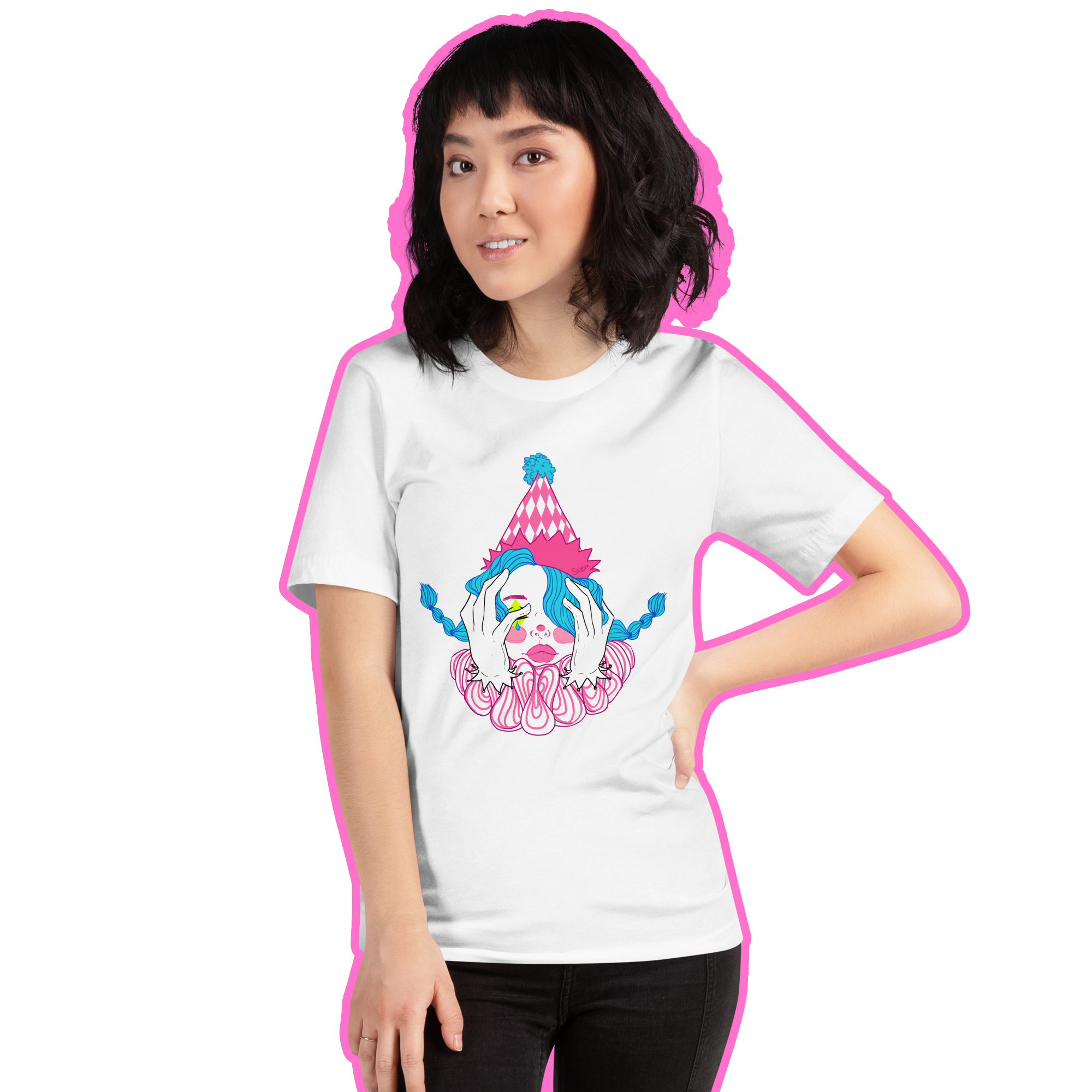 Model wearing Clown Girl Blues white t-shirt