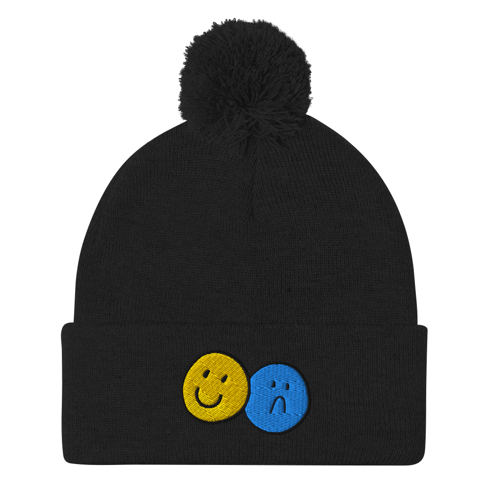 Happy/Sad Black Embroidered Beanie