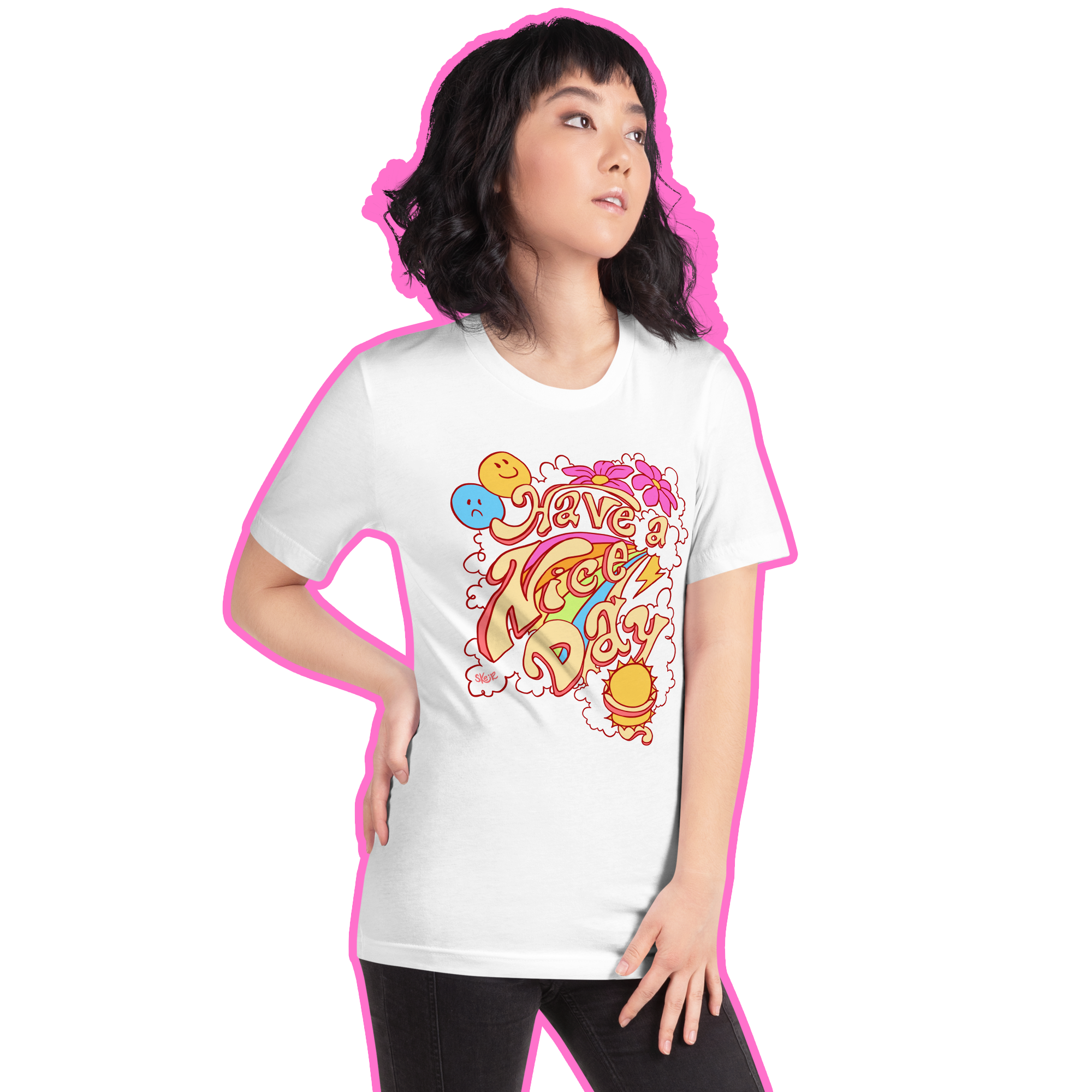 Model wearing a Happy/Sad white t-shirt