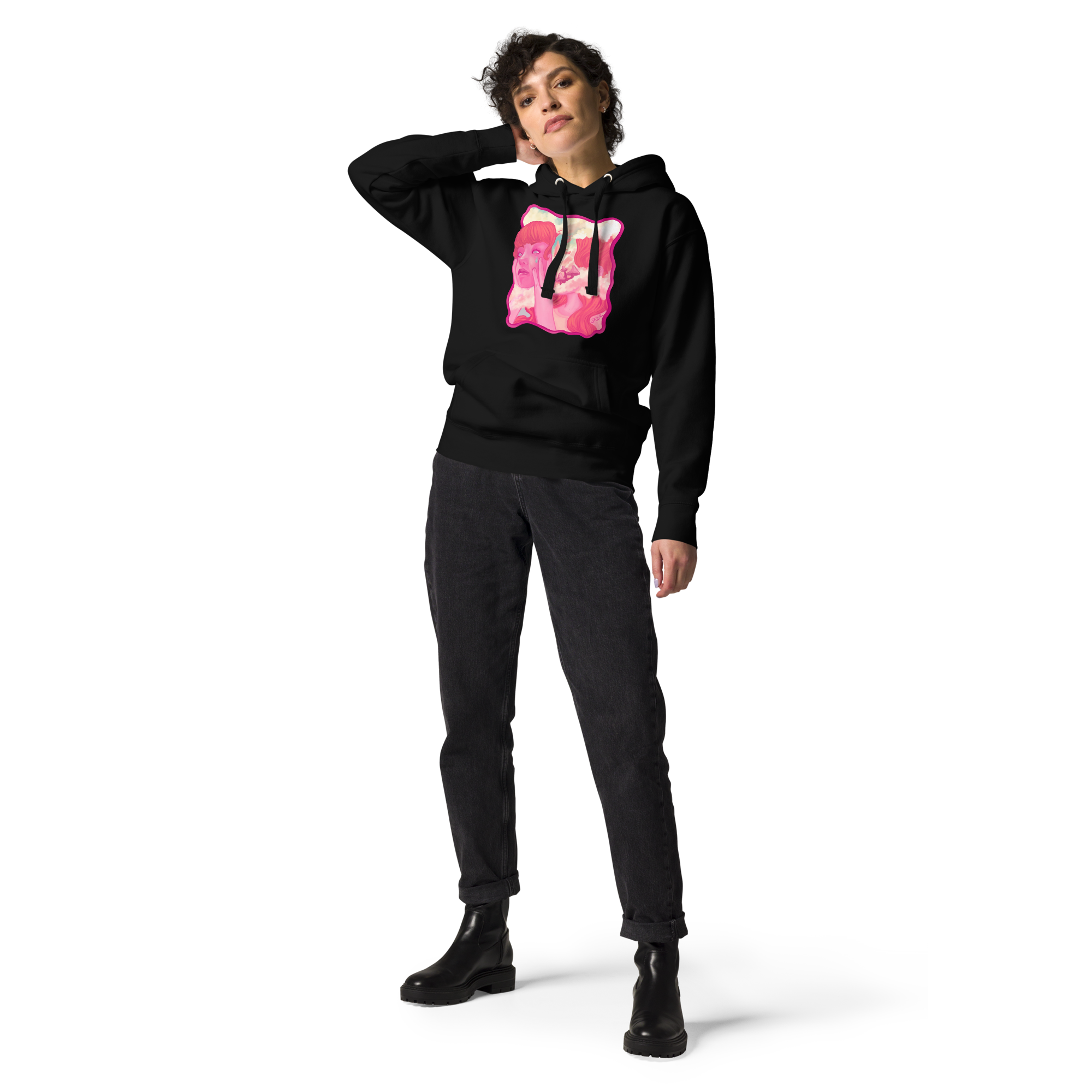Model wearing HeadSpace black hoodie