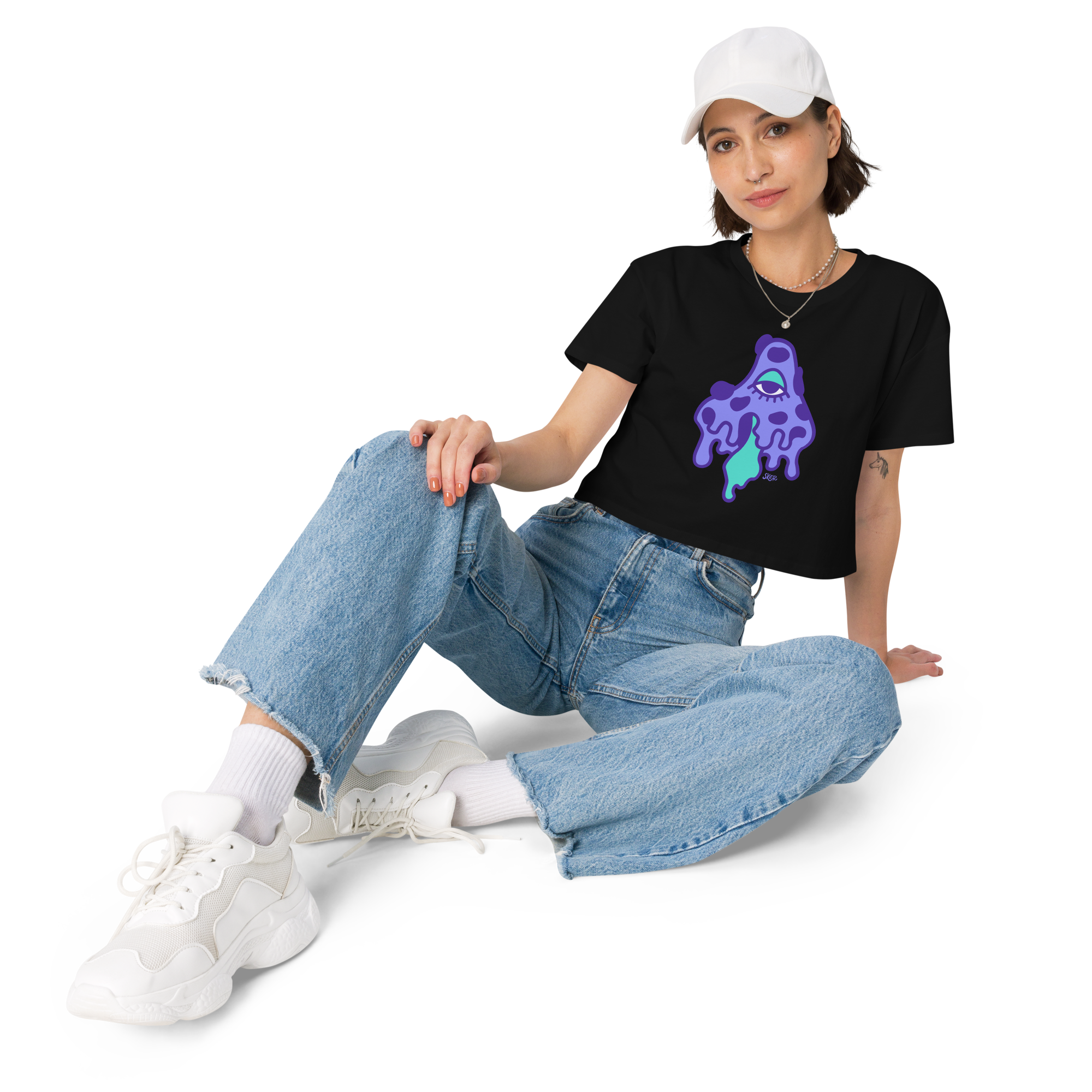 Model wearing Seeing Mushroom black crop top